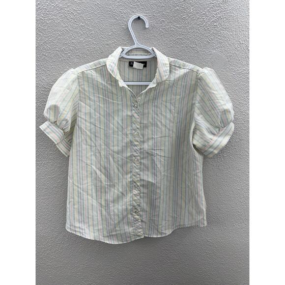 Womens Present Tense Shirt Size 13 White Striped Short Sleeve Button Up - Picture 1 of 9